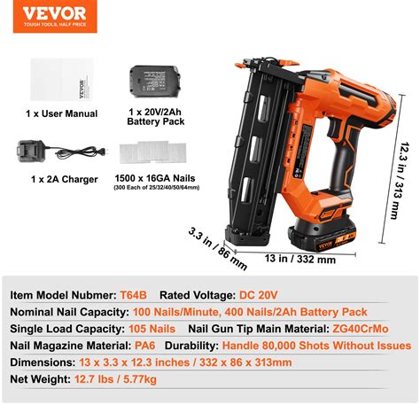VEVOR 20V Cordless Finish Nailer, Cordless Brad Nailer Kit with 16Ga ...