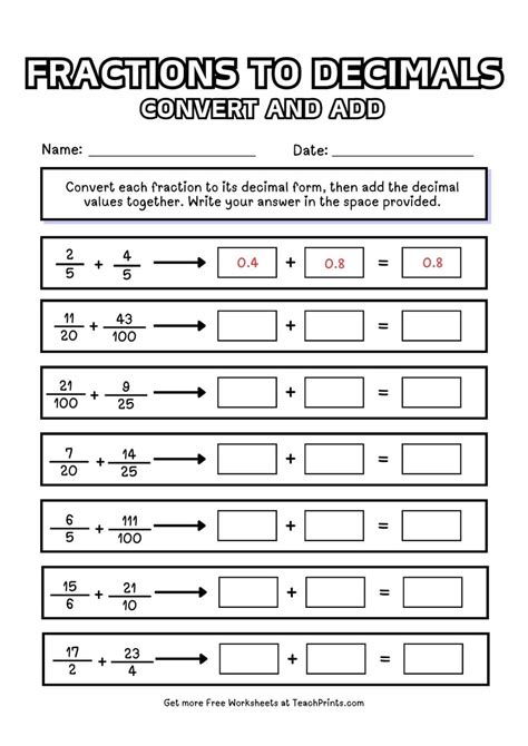 Free Fractions as Decimals Worksheets - Teach Prints