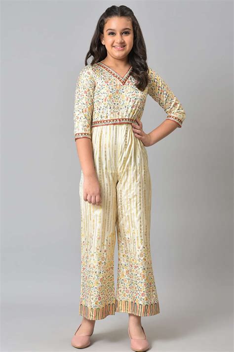 Buy Girls Beige Embroidered And Floral Printes Jumpsuit Online for ...