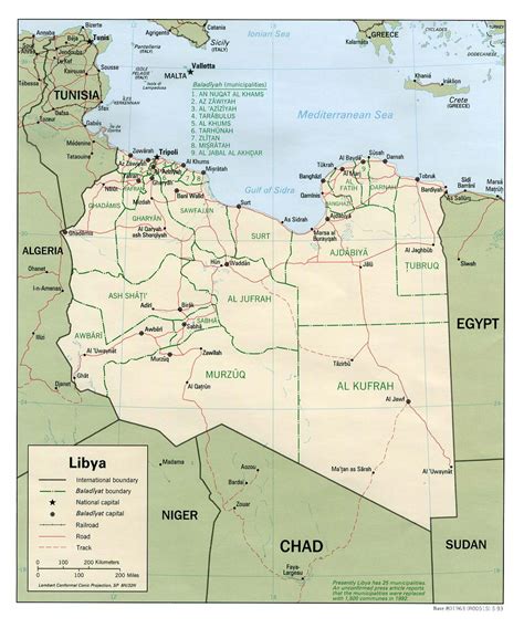Detailed political and administrative map of Libya with roads, railroads and major cities - 1993 ...