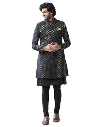Buy KISAH Mens Kurta Sherwani Churidar Set Silk Blend Jacquard, Indo ...