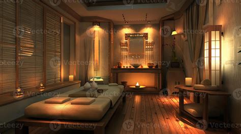 Relaxing spa setting with soft lighting and massage tables. Cozy ...