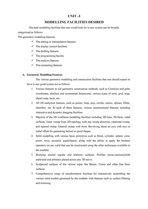 Computer aided design- Modelling Facilities Desired - UNIT - MODELLING ...