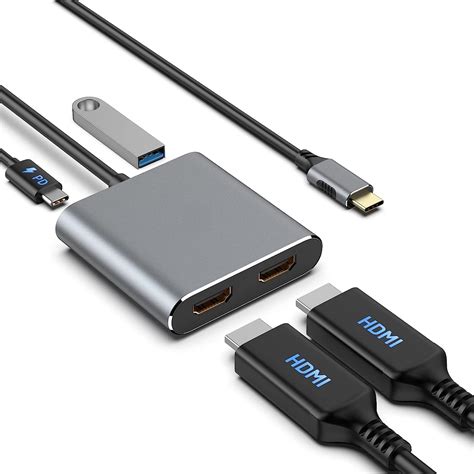 USB C to Dual HDMI Adapter 4K@60Hz, 4 in 1 USB C to HDMI Adapter with ...