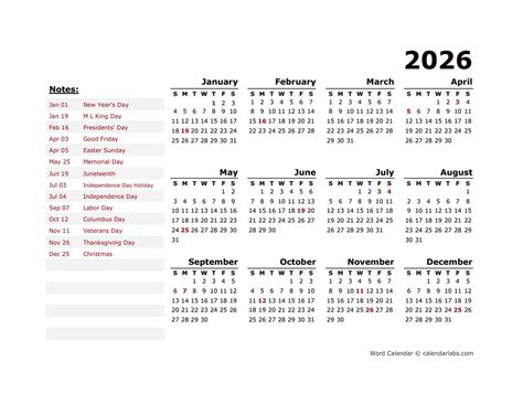 Printable Calendar 2026 With Holidays - King Printables