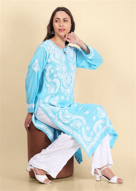 Handmade Lucknow Blue Chikankari Straight Modal Kurta – Syrish