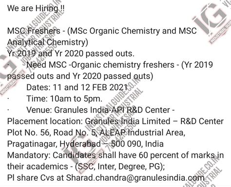 Granules Pharma Interview in 2021 February 11th & 12th for M.Sc ...
