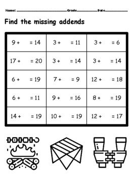 50 Missing Addends Worksheets upto Number 20, Camping Theme school ...