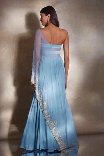 Buy Blue Net, Satin, Georgette Pearls, Sequins, Beads Marie Embellished ...