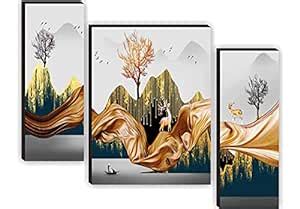 SAF paintings Set of 3 Deer with Tree Modern Art UV Textured Home ...