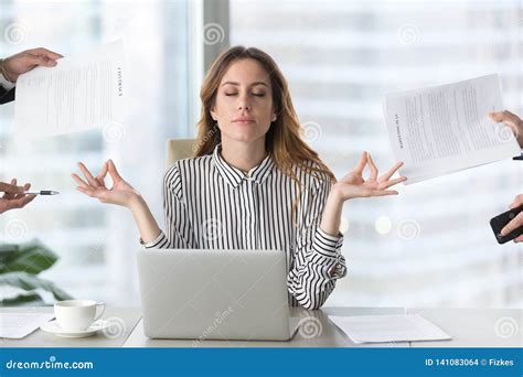 Calm Female Executive Meditating Taking Break Avoiding Stressful Job Stock Photo - Image of ...