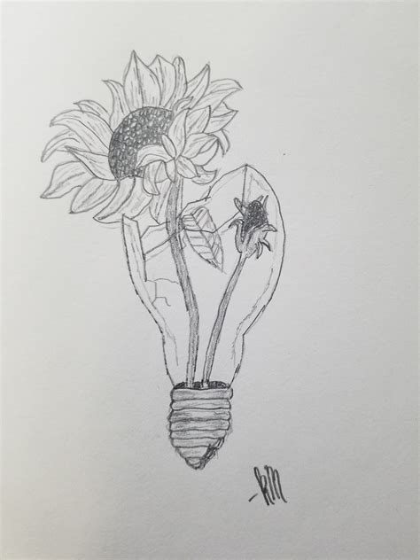 Light Bulb Art Drawing with Sunflowers Inside