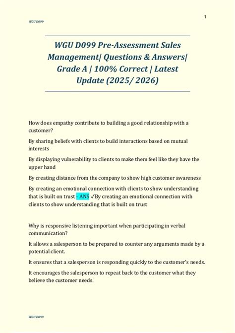 WGU D099 Pre-Assessment Sales Management| Questions & Answers| Grade A ...
