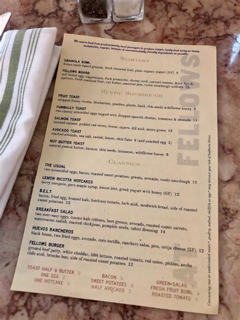 Menu at Fellows Cafe, Roswell