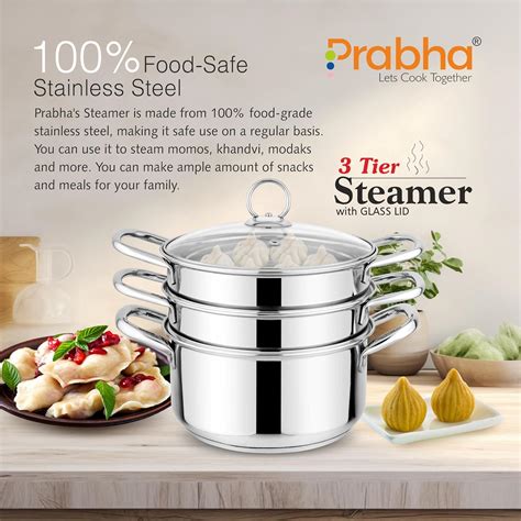 Stainless Steel Induction Base Steamer With Glass Lid, 3 Tier | Prabha ...