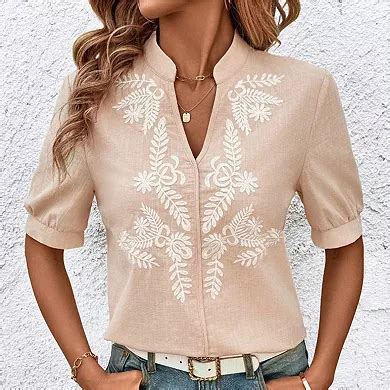 Women's Embroidered Stand-Collar Blouse Half Puff Sleeve Casual Daily Top