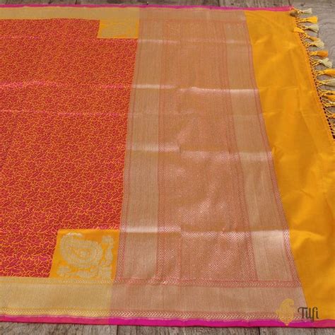 Yellow-Pink Pure Katan Silk Banarasi Handloom Dupatta - Tilfi