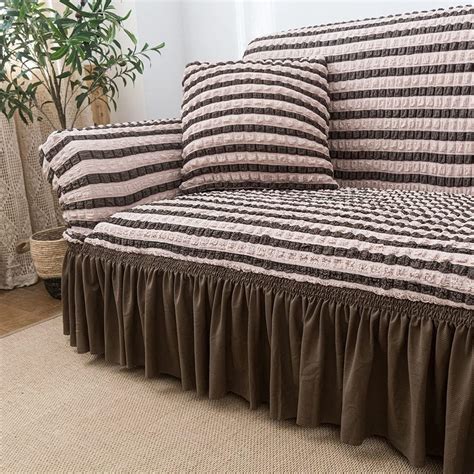 2025 L Shape Turkish Bubble Frill Sofa Covers : Beige Brown Stripe ...