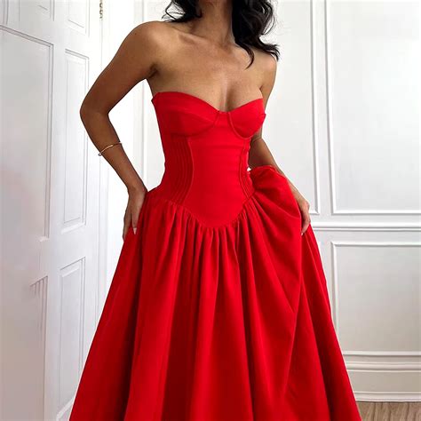 Strapless Bustier Midi A Line Dress Red | Red dress women, Red corset ...