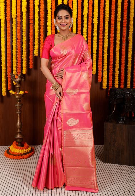 Rani Pink Tissue Kanjivaram Silk Saree With Blouse Piece – Adi Akshoy
