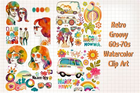 Retro Groovy 60s-70s Watercolor Clip Art Grafica di WaterColorArch ...