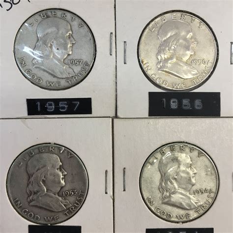 Lot of 4 USA SILVER 50 CENT PIECES 1953 1954 1956 1957