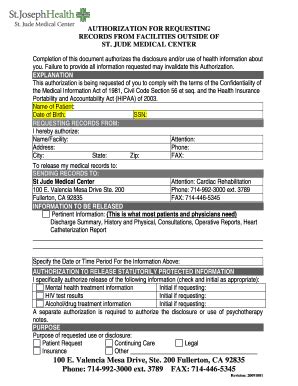 Fillable Online stjudemedicalcenter AUTHORIZATION FOR REQUESTING ...