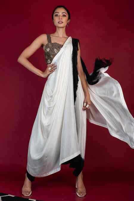 Buy Black Crepe Embroidery Sweetheart Neck Dhoti Saree And Blouse For ...