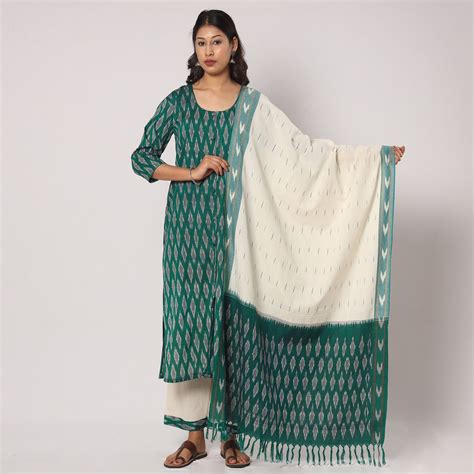 Pochampally Ikat Weave Cotton Kurta with Palazzo & Dupatta Set