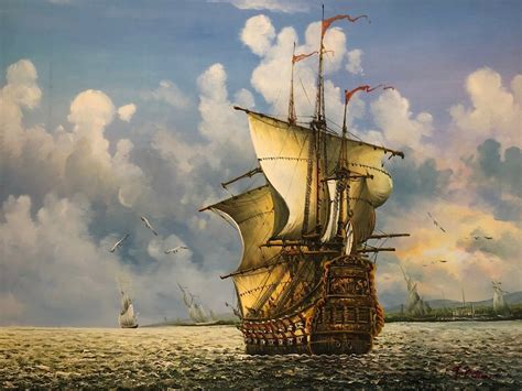Painting of Native American and Spanish Ship Encounter