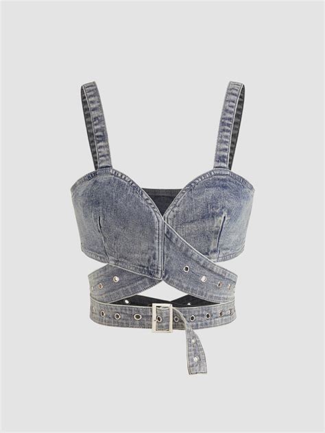 Denim High Stretch Denim Sweetheart Solid Criss Cross Belted Crop Tank ...