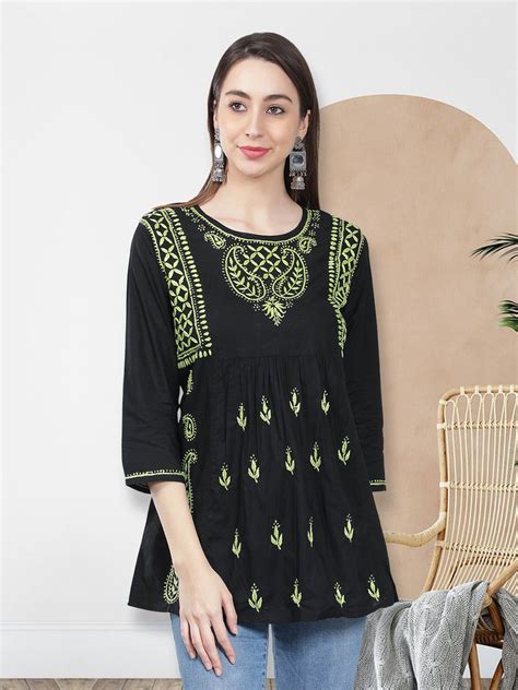 Seva Chikan Hand Embroidered Black Cotton Lucknowi Chikankari Top