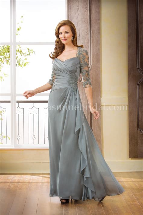 J175066 Long Queen Anne Neckline Chiffon & Lace MOB Dress with Sleeves