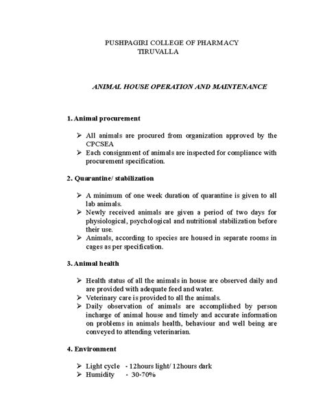 PUSHPAGIRI COLLEGE OF PHARMACY: Animal House Ops & Maintenance Guide ...