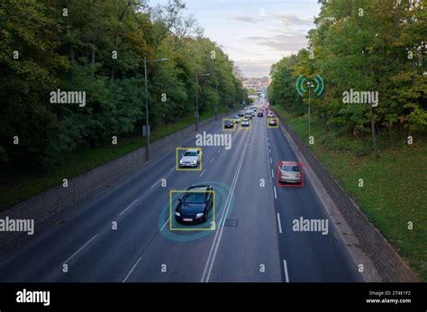 AI smart city traffic cameras monitoring concept. Street with cars ...