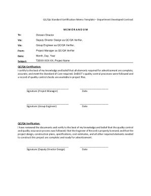 Fillable Online QC/QA Standard Certification Memo Template Department ...