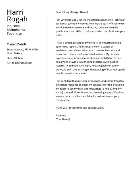 Industrial Maintenance Technician Cover Letter: Sample & Guide (Entry ...