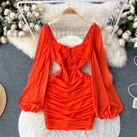 Elegant Ruched Long Sleeve Red Mini Dress on Luulla