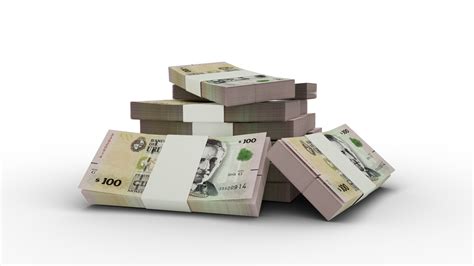 3d rendering of Stack of 100 Uruguayan Peso Uruguayo notes. bundles of ...