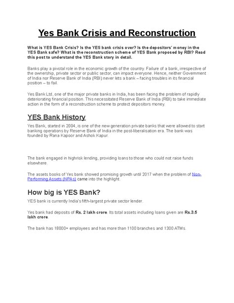 Yes Bank Crisis and Reconstruction - Banks play a pivotal role in the ...