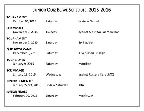 Printable Quiz Bowl Schedule