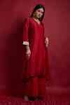 Buy Red Chanderi, Cotton Lace, Tassels V-neck A-line Kurta Set For ...