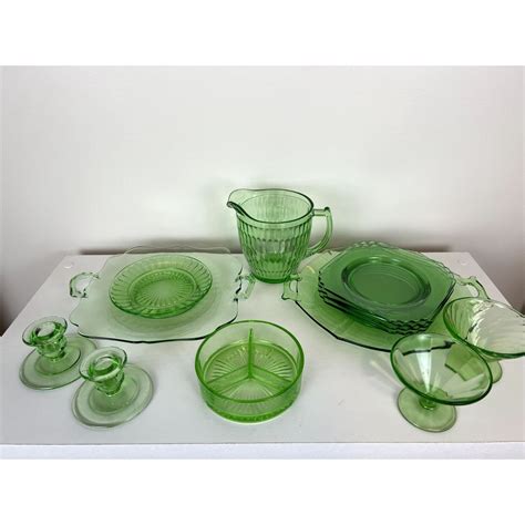 Lot of 13 Pieces of Green Glass Vaseline Deco Uranium Depression Glass ...