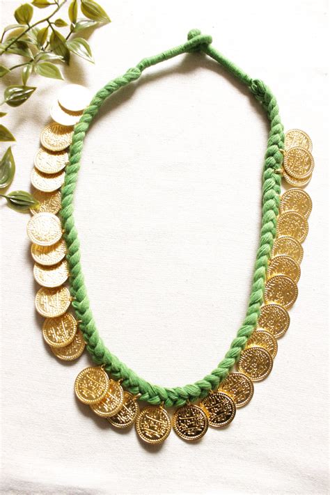 Gold Embossed Coins Braided in Green Threads Fabric Necklace – A Local ...