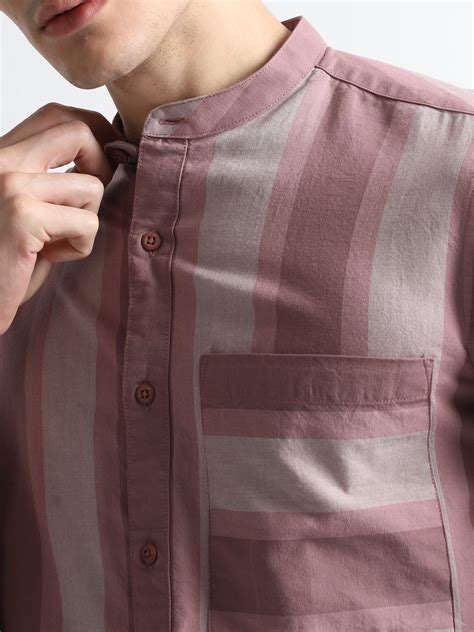 Buy peach dusky chinese collar striped men shirt-North Republic