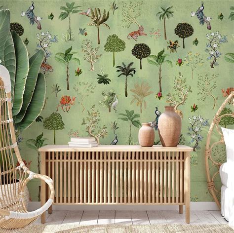 Greenery Themed Chinoiserie Wallpaper – Myindianthings