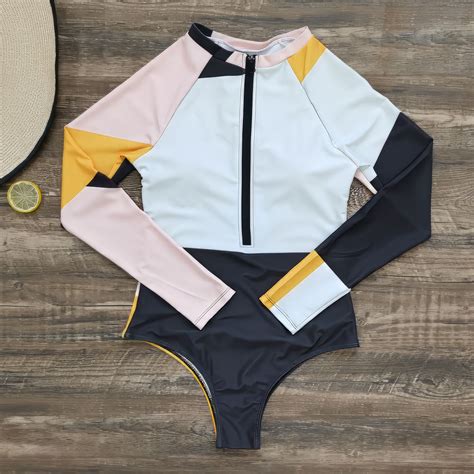Color Block Long Sleeve Bathing Suit Surf One Piece Front Zipper – BelaWave