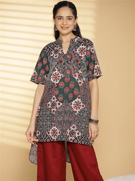 BottleGreen CottonPrinted HighLowKurti