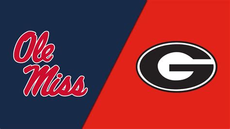 Logo design featuring the Ole Miss Rebels and Georgia Bulldogs team colors, with Ole Miss on the left in navy blue and Georgia on the right in bright red.