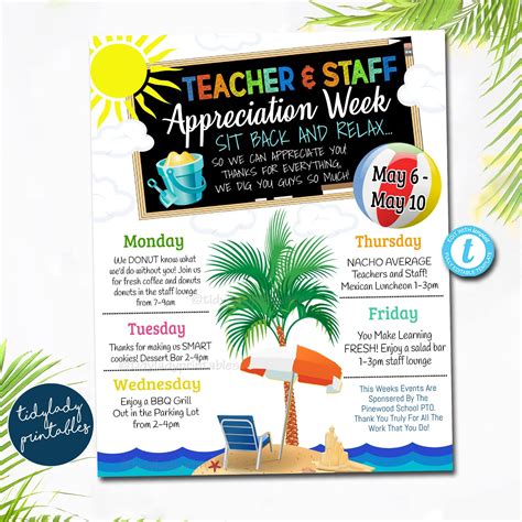 Editable beach themed teacher appreciation week itinerary coastal sea ...